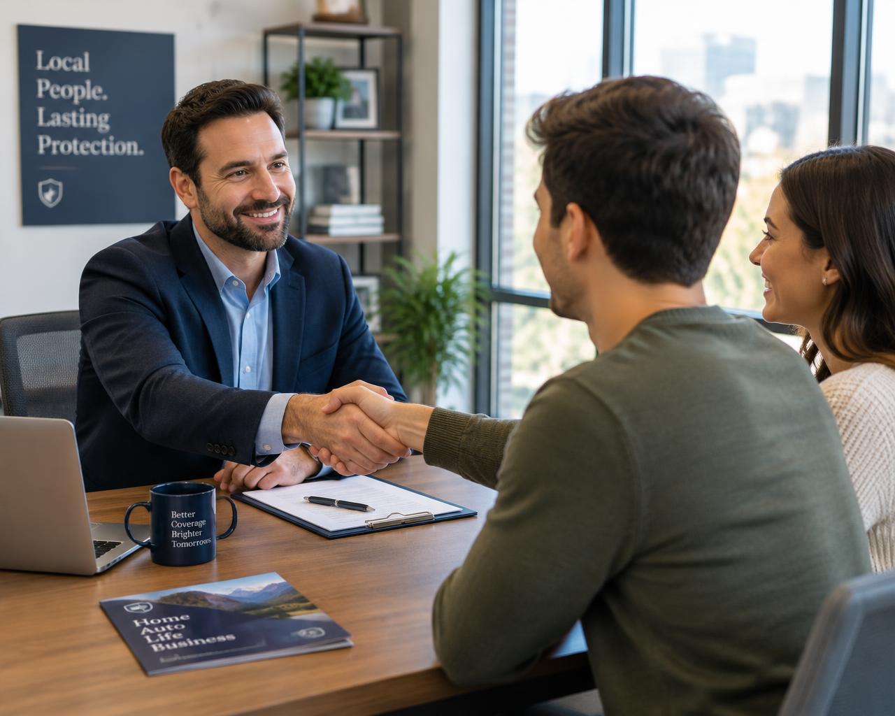 An insurance agent shaking hands with clients across a desk